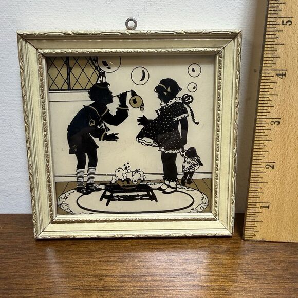 Vintage Reliance Framed Silhouette Picture Boy Girl Playing USA 4.5" Square Rare - Picture 5 of 6
